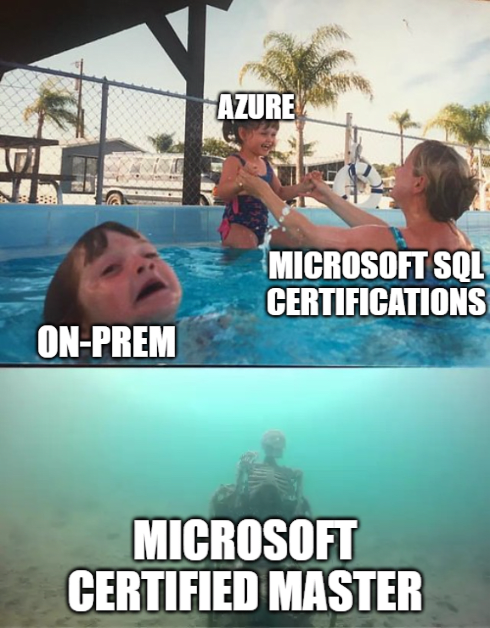 Drowning Kid/Mother Ignoring meme with skeleton at bottom: Three-panel image showing a child labeled 'ON-PREM' drowning, mother labeled 'MICROSOFT SQL CERTIFICATIONS' helping another child labeled 'AZURE', and a skeleton underwater labeled 'MICROSOFT CERTIFIED MASTER'
