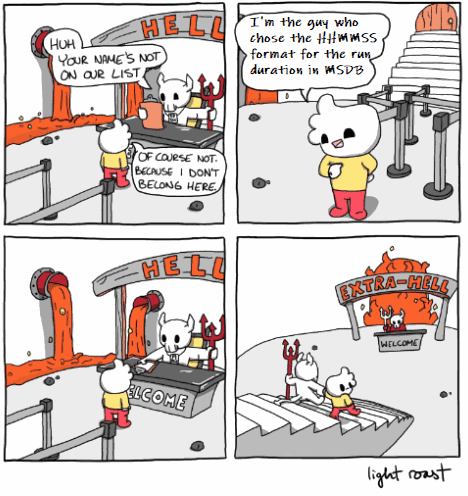 Four-panel comic from 'Light Roast' - Hot Take showing a character at Hell's entrance. Panel 1: Gatekeeper says 'HUH, YOUR NAME'S NOT ON OUR LIST' and character replies 'OF COURSE NOT BECAUSE I DON'T BELONG HERE'. Panel 2: character says 'I'm the guy who chose the HH:MM format for the run duration in MSDB'. Panel 3: Shows the Gatekeeper considering the situation. Panel 4: Gatekeeper leading the character to 'EXTRA-HELL' entrance