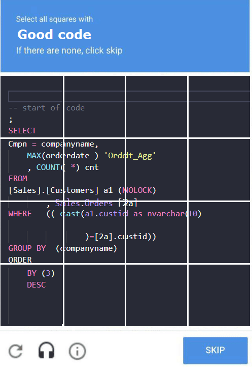 CAPTCHA meme showing 'Select all squares with Good code' prompt and a SQL query grid containing code riddled with errors including NOLOCK usage, questionable type casting, and problematic formatting