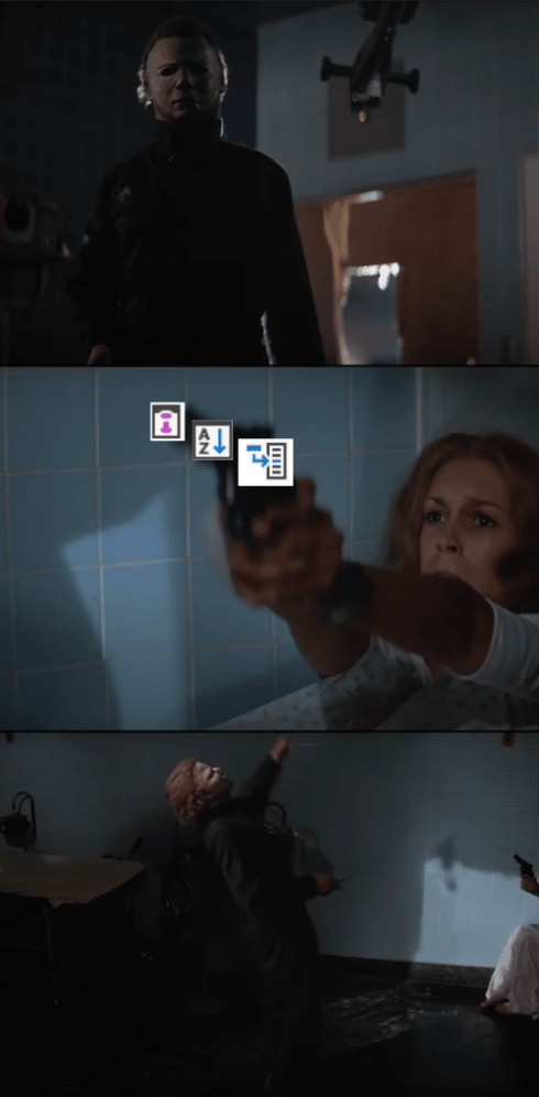 Halloween movie scene meme with three panels: Michael Myers in top panel, middle panel shows woman pointing gun with SQL Server execution plan operators (Table Spool, Sort, Hash Match) on it, bottom panel shows Myers being shot
