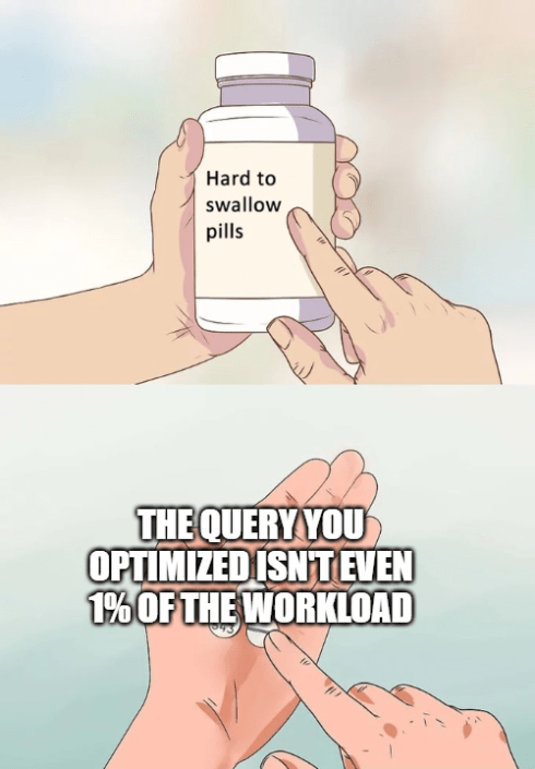 Hard to Swallow Pills meme showing hands holding a medicine bottle labeled 'Hard to swallow pills' in top panel, and bottom panel shows hands holding pills with text 'THE QUERY YOU OPTIMIZED ISN'T EVEN 1% OF THE WORKLOAD'