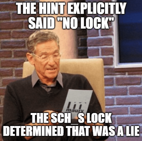 Maury Povich Lie Detector meme featuring Maury reading results from a card. Top text reads 'THE HINT EXPLICITLY SAID 'NO LOCK'' and bottom text reads 'THE SCH_S LOCK DETERMINED THAT WAS A LIE'