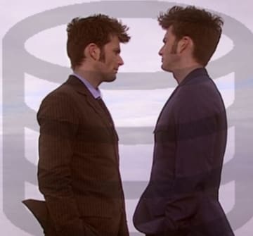 Two versions of the Tenth Doctor (David Tennant) facing each other. The image has a database symbol overlay in the background