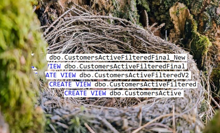 Bird's nest image showing SQL view dependency chain with text labels. Multiple nested 'CREATE VIEW' statements are overlaid on the nest, starting with base view 'dbo.CustomersActive' and progressing through increasingly filtered versions.