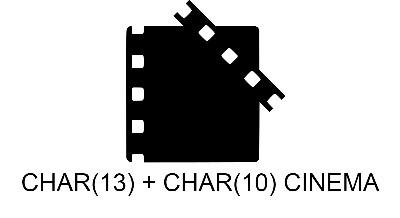 Black film strip icon (New Line Cinema) with a wrench diagonally across it. Text below reads 'CHAR(13) + CHAR(10) CINEMA'.