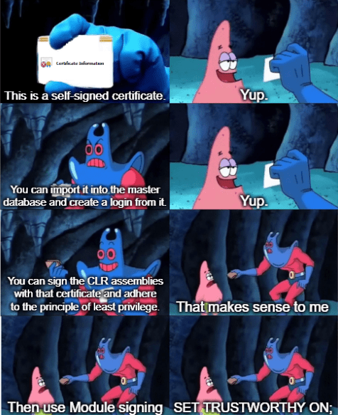 Patrick Star's Wallet meme showing a conversation about security certificates with six panels: 'This is a self-signed certificate' with Patrick responding 'Yup.' 'You can import it into the master database and create a login from it' with Patrick replying 'Yup.' 'You can sign the CLR assemblies with that certificate and adhere to the principle of least privilege' with Patrick saying 'That makes sense to me'. Final panel shows 'Then use Module signing. SET TRUSTWORTHY ON:'