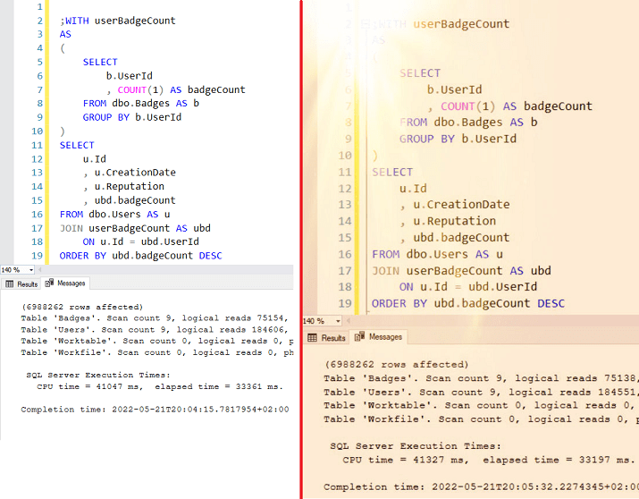 Complex query showing IO and CPU statistics. The right image shows the same query running slightly slower and uses a 'Golden Hour' photo filter