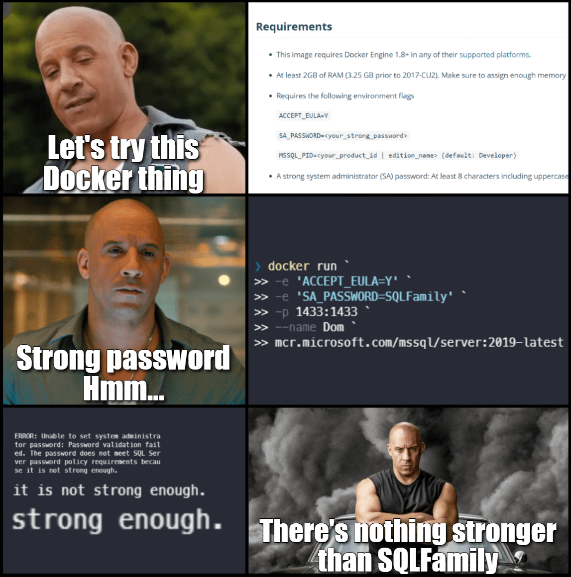 Fast and Furious meme: Six-panel comic with Vin Diesel showing Docker requirements including strong password, running a command with 'SA_PASSWORD=SQLFamily', getting an error 'it is not strong enough', and responding 'There's nothing stronger than SQLFamily