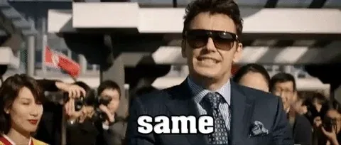 James Franco in The Interview, dramatically waving his hand across his face, then pointing from above while saying, 'Same, but different, but still same'.