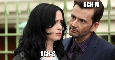Jessica Jones Death Stare meme. Jessica and Kilgrave from 'Marvel's Jessica Jones' TV series. Text labels 'SCH-S' over Jessica and 'SCH-M' over Kilgrave