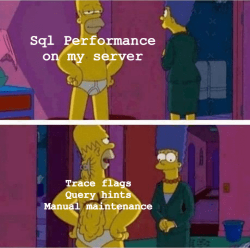 Homer Simpson's Back Fat meme with two panels: top shows skinny Homer in underwear with text 'SQL Performance on my server'; bottom panel reveals Homer's back with skin clamped by clips with text 'Trace flags, Query hints, Manual maintenance'