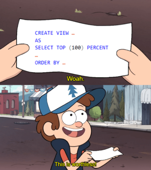 Gravity Falls meme showing Dipper Pines looking at SQL code that reads 'CREATE VIEW ... AS SELECT TOP (100) PERCENT ... ORDER BY ...' with caption 'Woah.' in top panel, and bottom panel shows Dipper saying 'This is worthless!'
