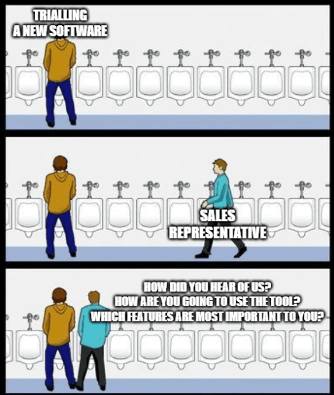 Urinal etiquette meme showing three-panel comic. Top: man standing at urinals with text 'TRIALLING A NEW SOFTWARE'. Middle: another man labeled 'SALES REPRESENTATIVE' approaches. Bottom: both men standing together with text 'HOW DID YOU HEAR OF US? HOW ARE YOU GOING TO USE THE TOOL? WHICH FEATURES ARE MOST IMPORTANT TO YOU?'