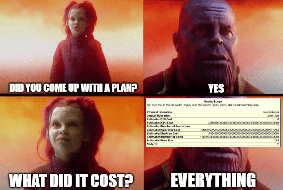 Avengers: Infinity War meme showing four panels of dialogue between Gamora and Thanos. Top left: Gamora asks 'DID YOU COME UP WITH A PLAN?' Top right: Thanos responds 'YES'. Bottom left: Gamora asks 'WHAT DID IT COST?' Bottom right shows a SQL query execution plan with nested loops operator displaying extremely high CPU cost values, with Thanos saying 'EVERYTHING'