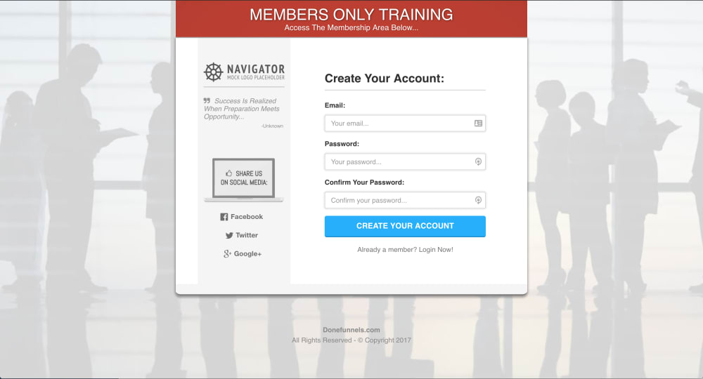 Membership Area Funnel Registration/Login Page