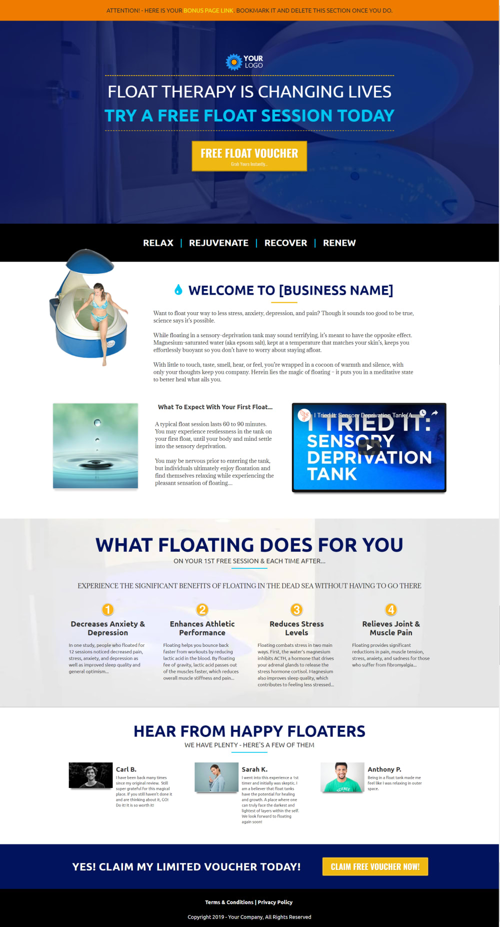 Float Therapy Optin Page: Desktop View  