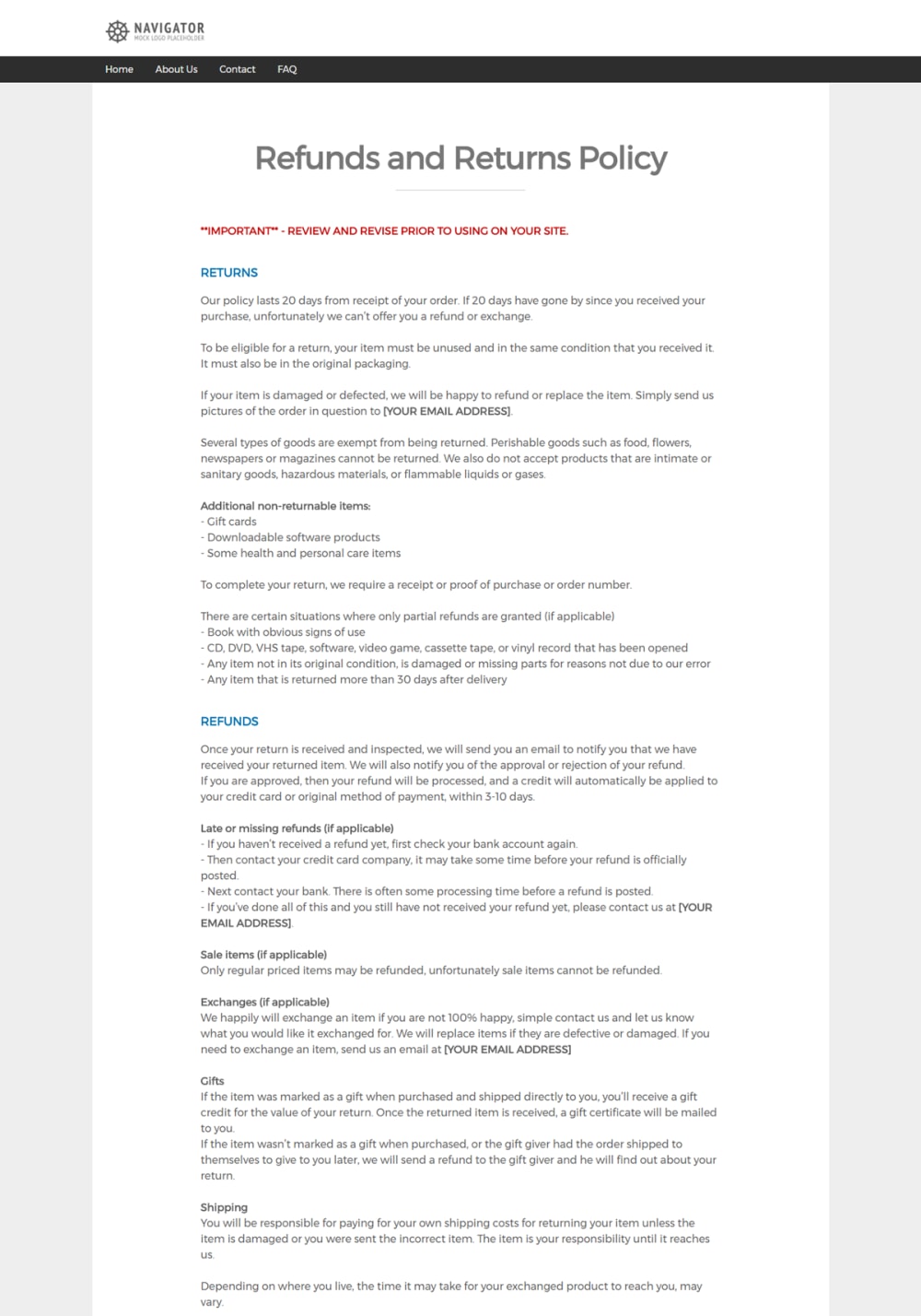 Refunds and Returns Policy Page