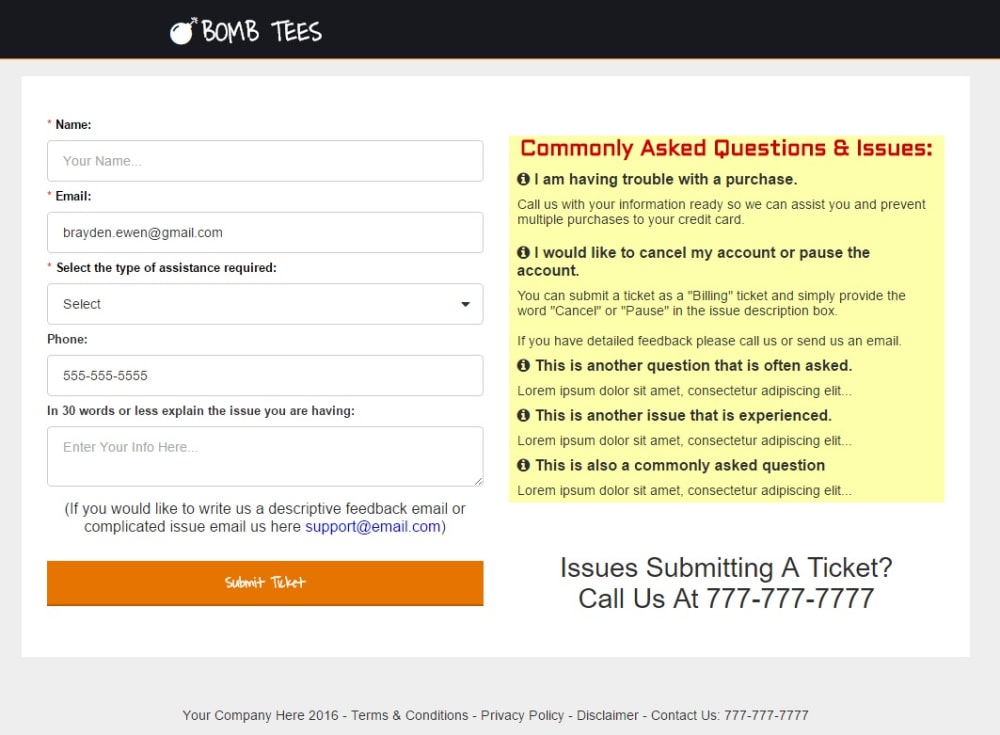Support + Ticket Sent Page