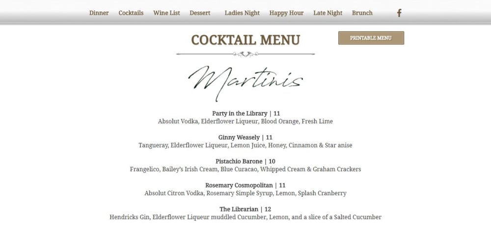 Menus page = Cocktail Menu