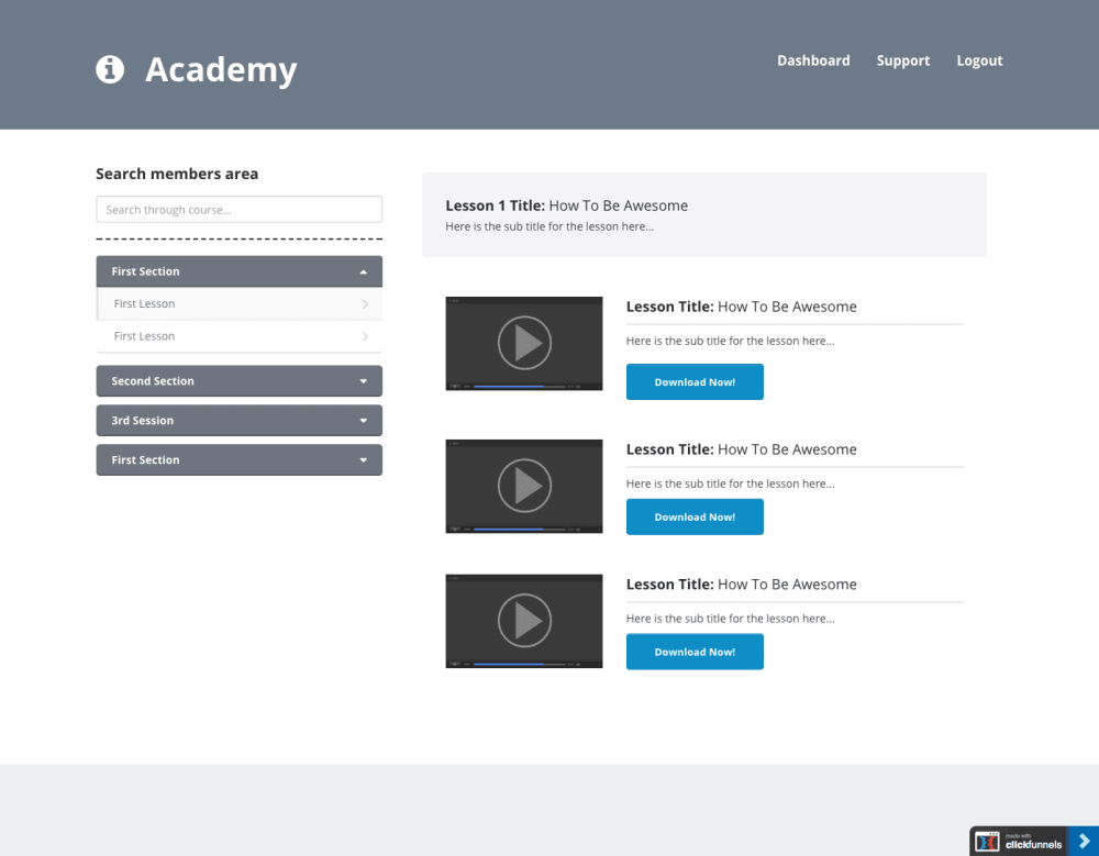 Members area. Downloads and Video training ready. 