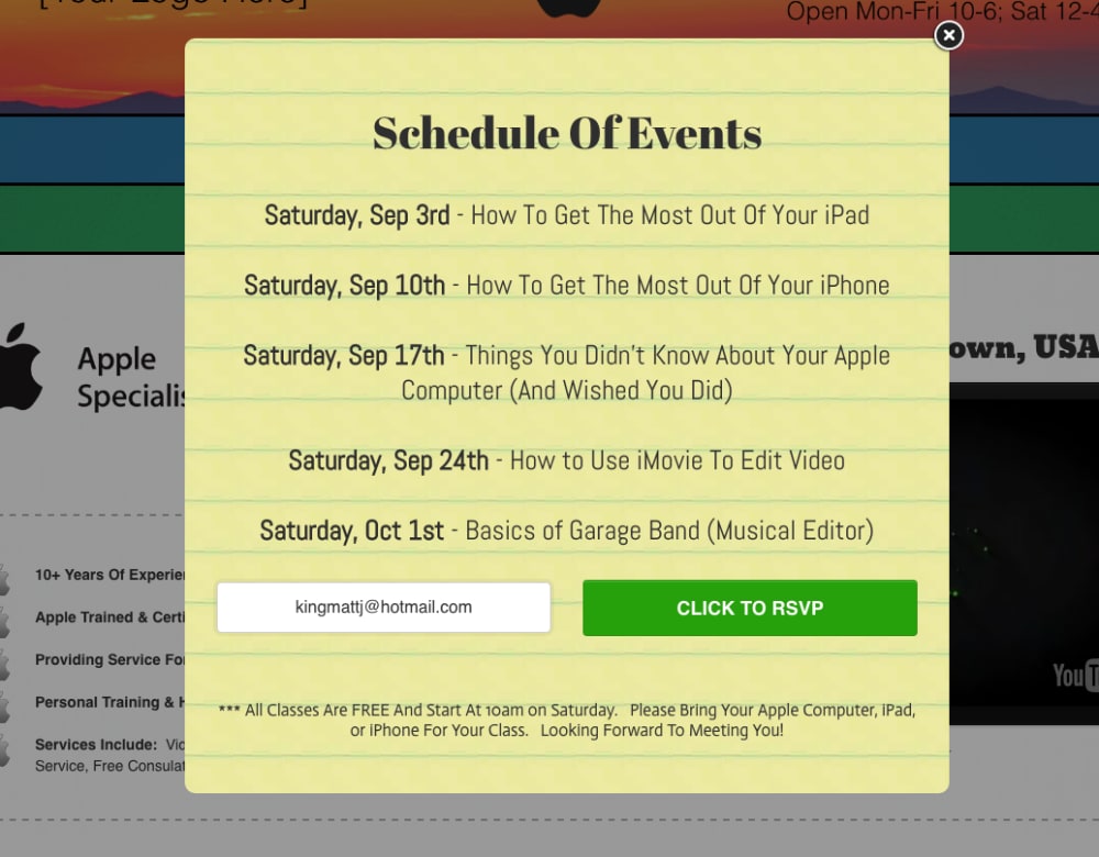 Popup Classroom Schedule