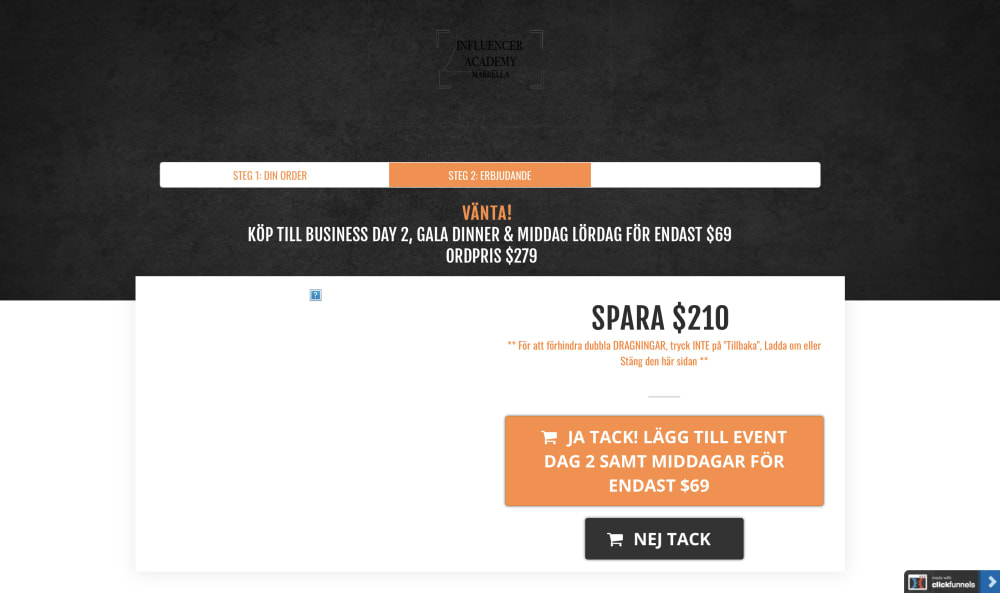 Upsell page for every ticket