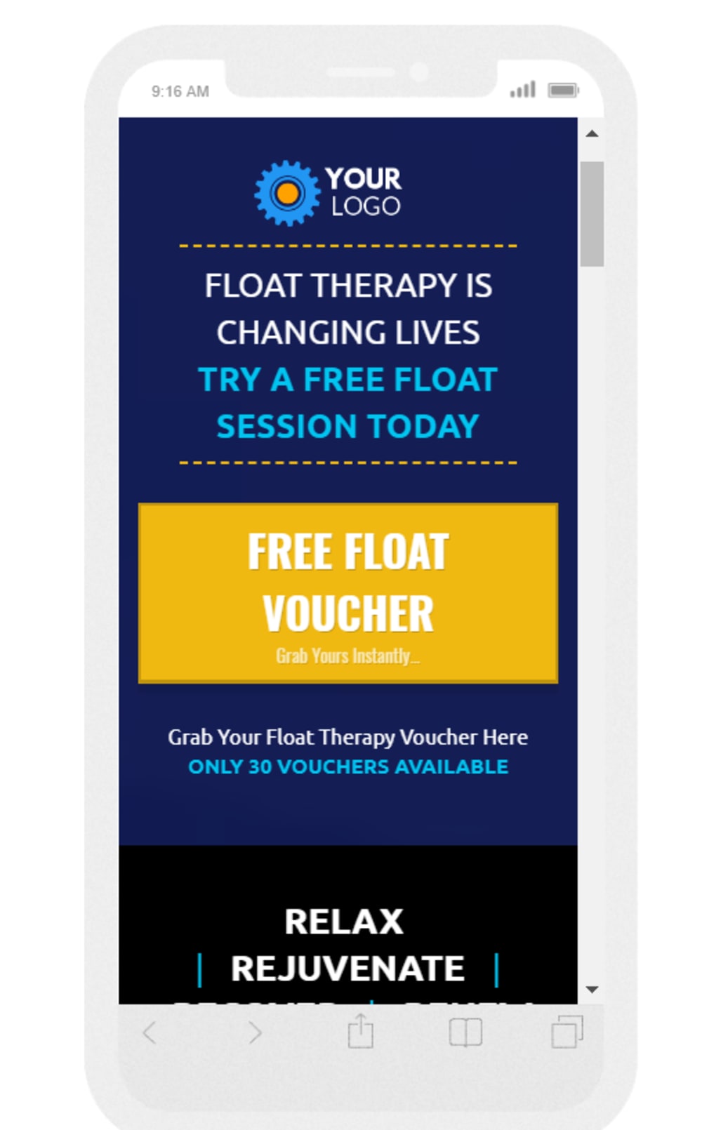 Float Therapy Optin Page: Mobile View