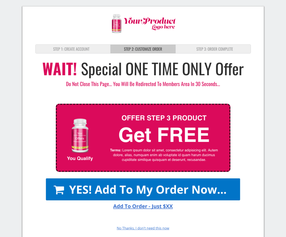 Downsell for Step 3 product BONUS Page