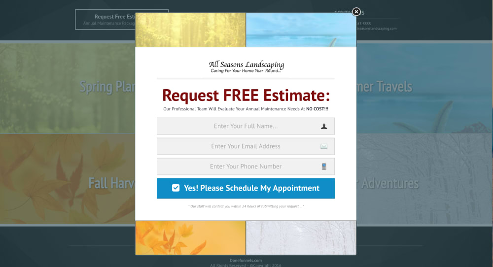 Landscaping Contractor Optin Page Pop Up: Desktop View
