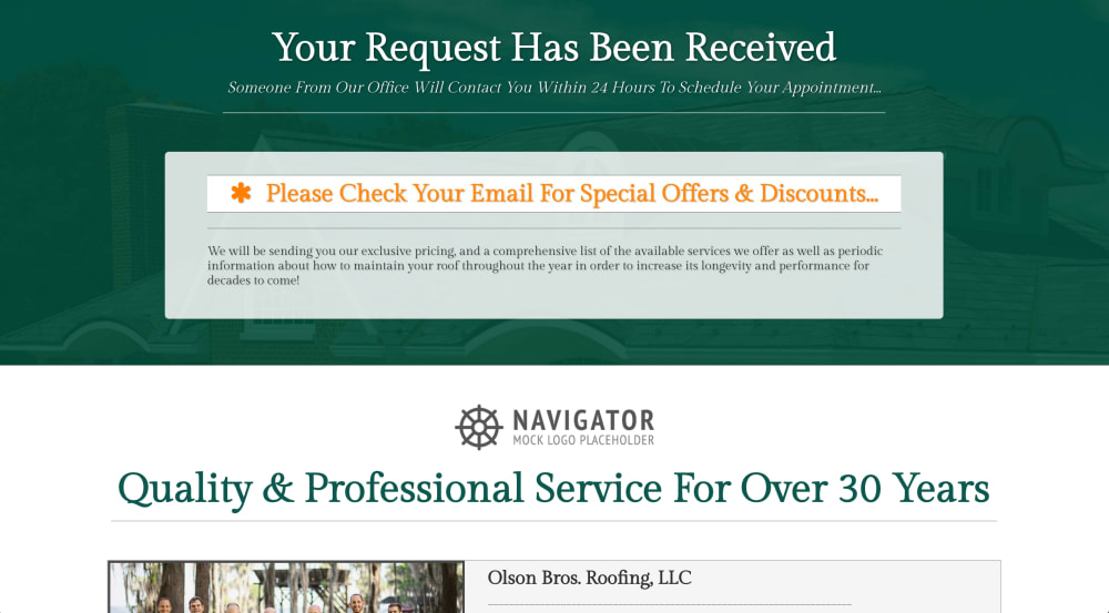 **Roofing Contractor Thank You Page: Desktop View**