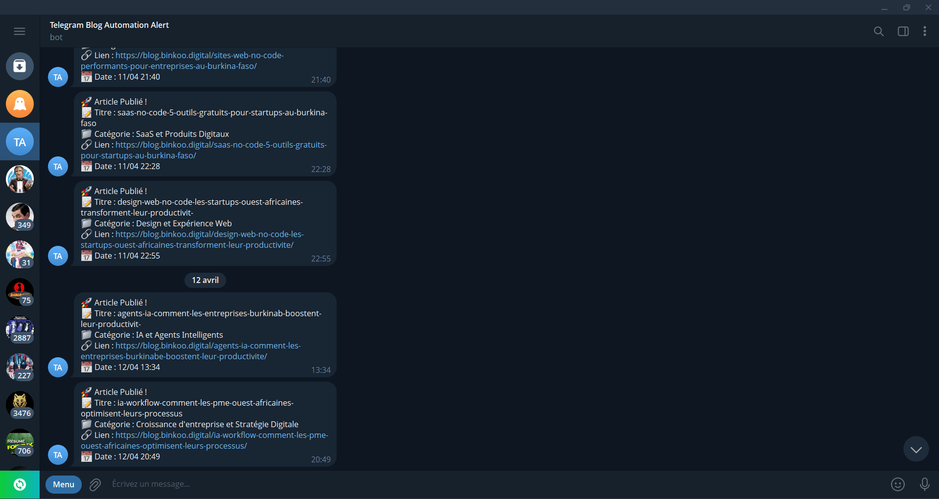 Notification Telegram automatique — Confirmation de publication d'article par le pipeline