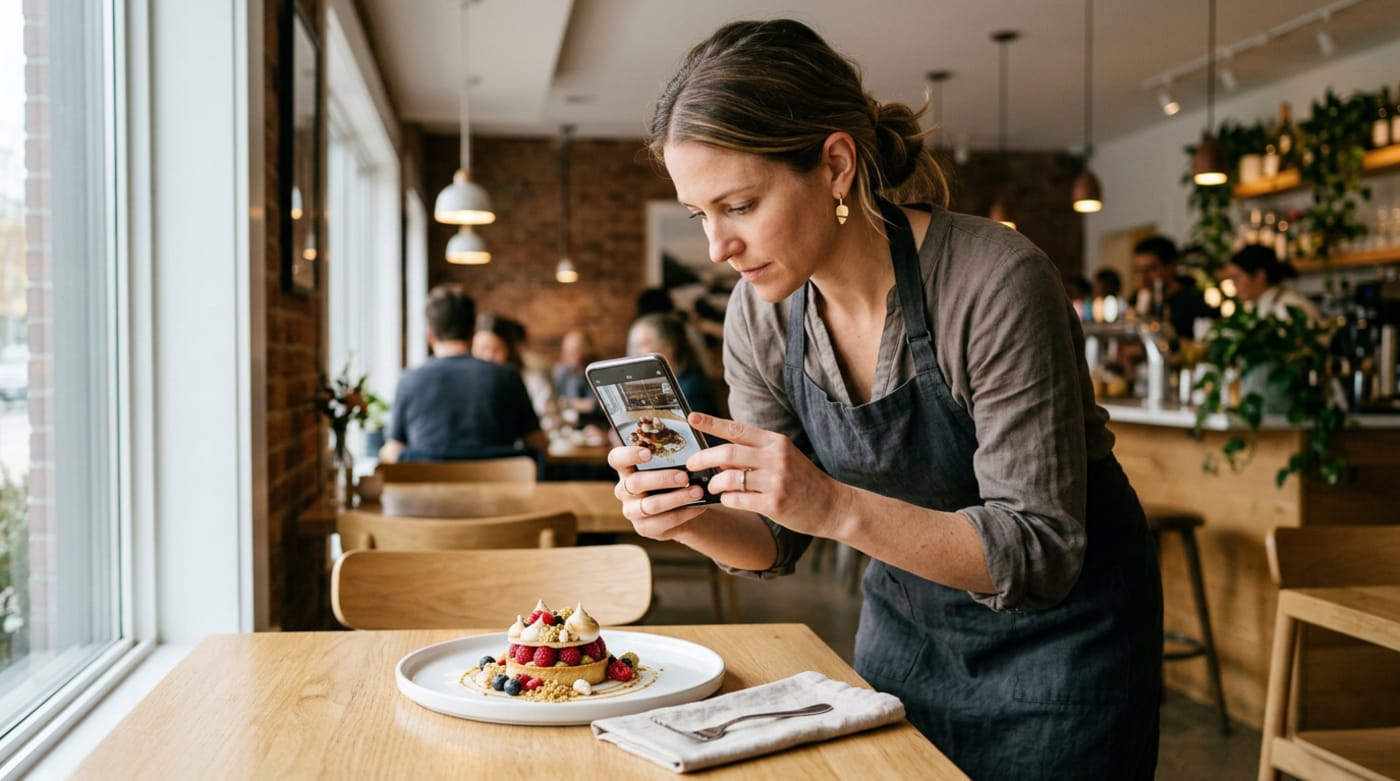 Restaurant owner photographing a plated dessert for a 3D AR menu