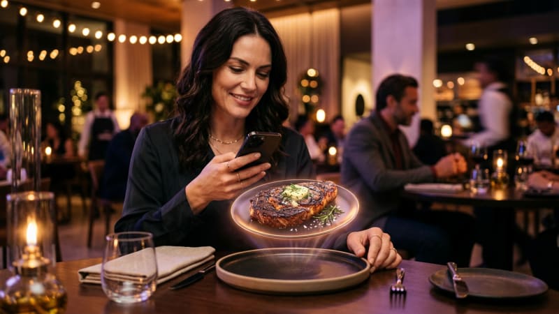 Guest viewing a 3D AR dish hologram on a restaurant table with a smartphone