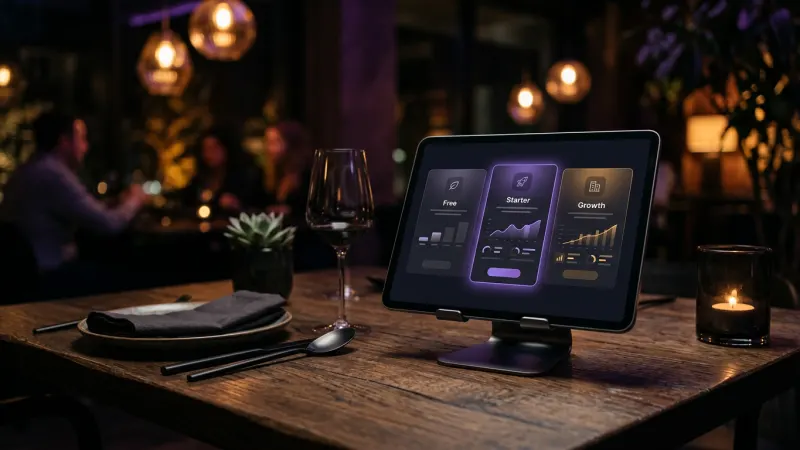 Restaurant table with a tablet showing modern software pricing UI