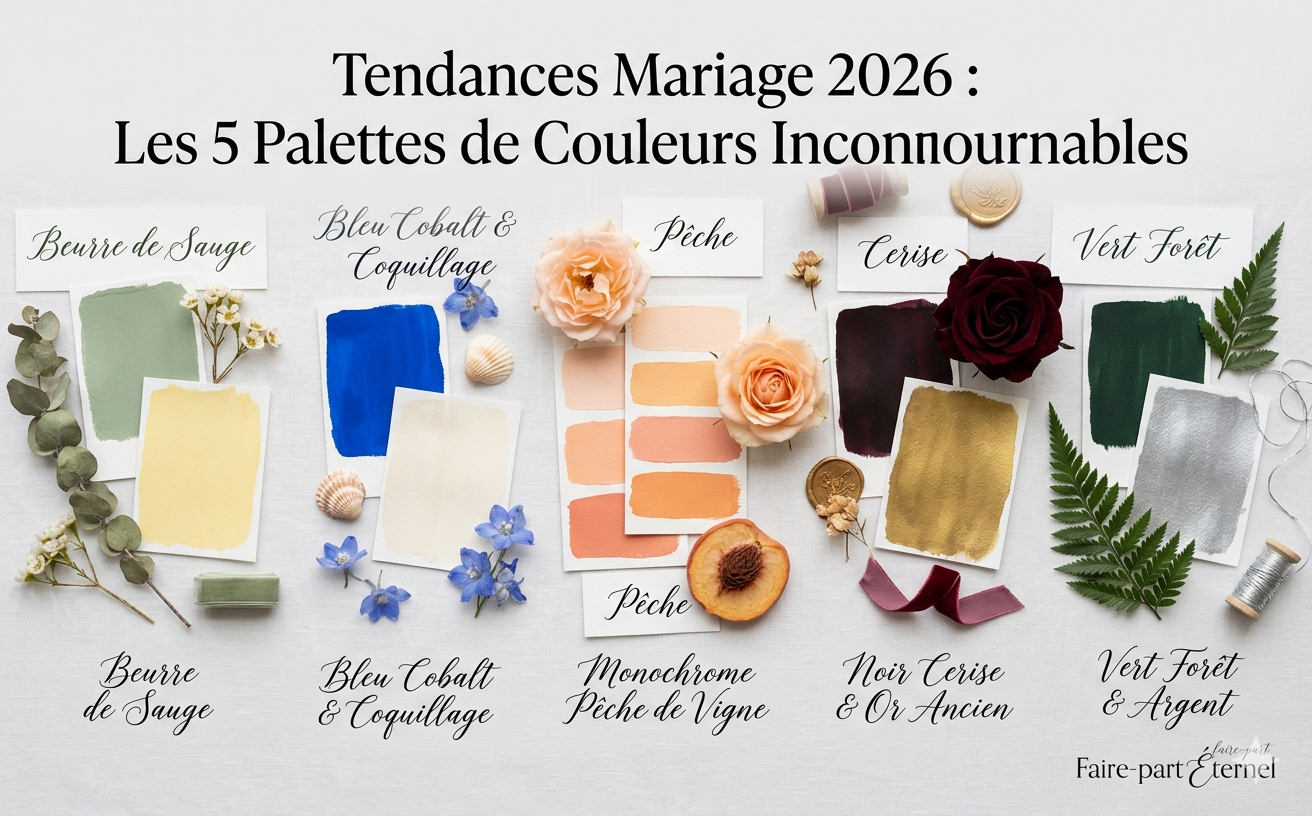 Tendances palettes couleurs mariage 2026 moodboard