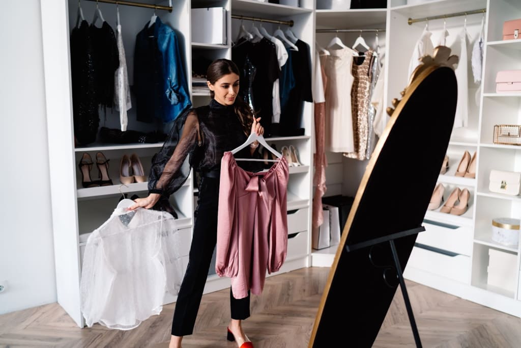 Woman trying outfits in her custom wardrobe