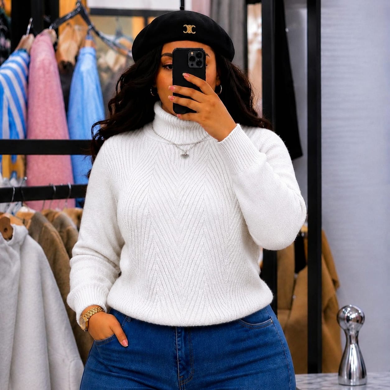 White Chevron Knit Turtleneck Sweater