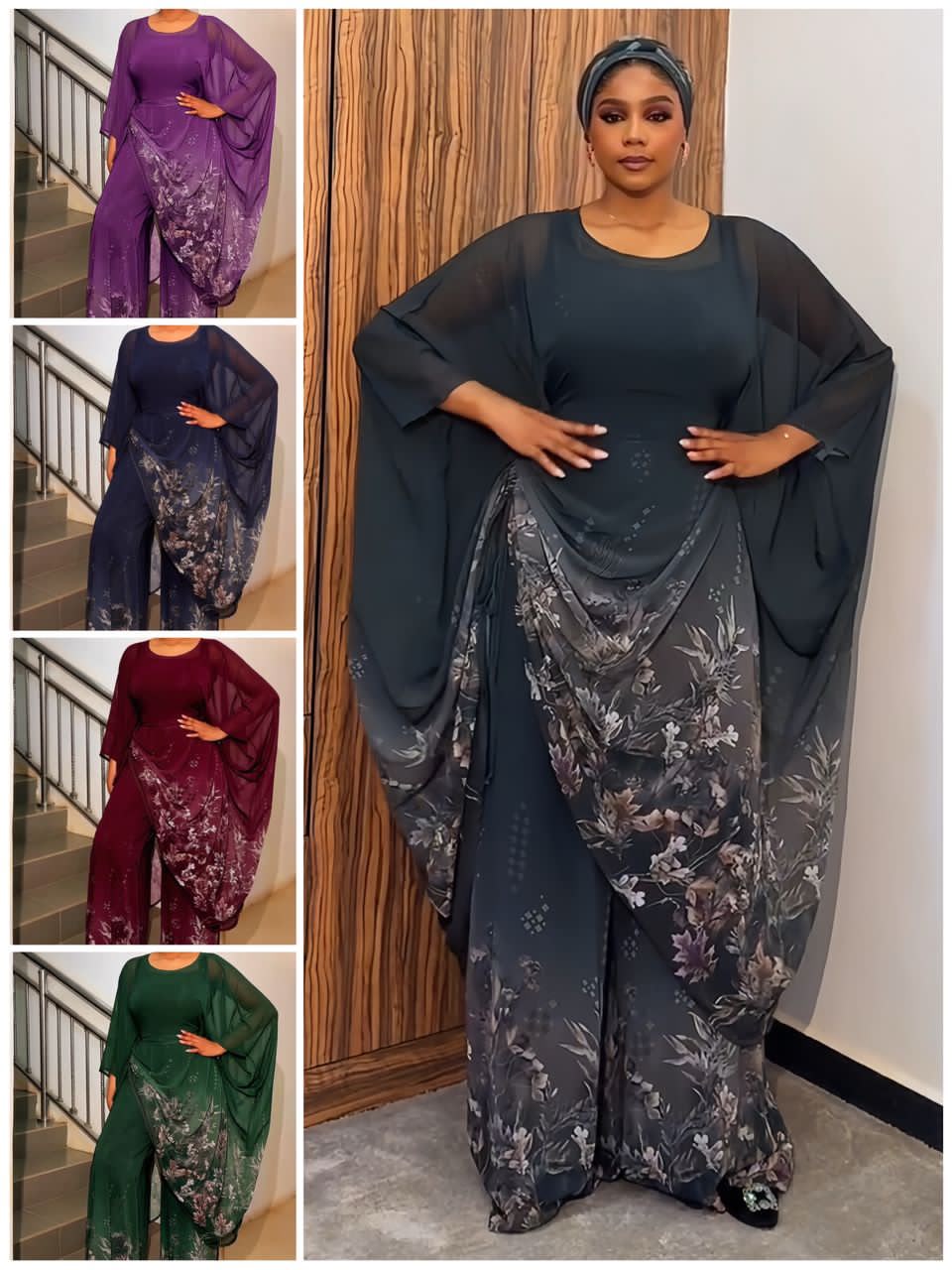 Floral Print Wide-Leg Trouser Set with Chiffon Cape Overlay
