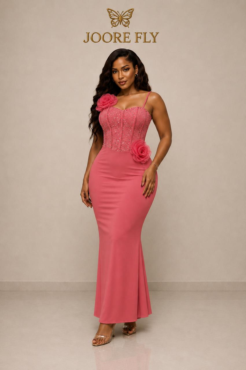 "Joore Fly" Rose-Embellished Corset Mermaid Gown