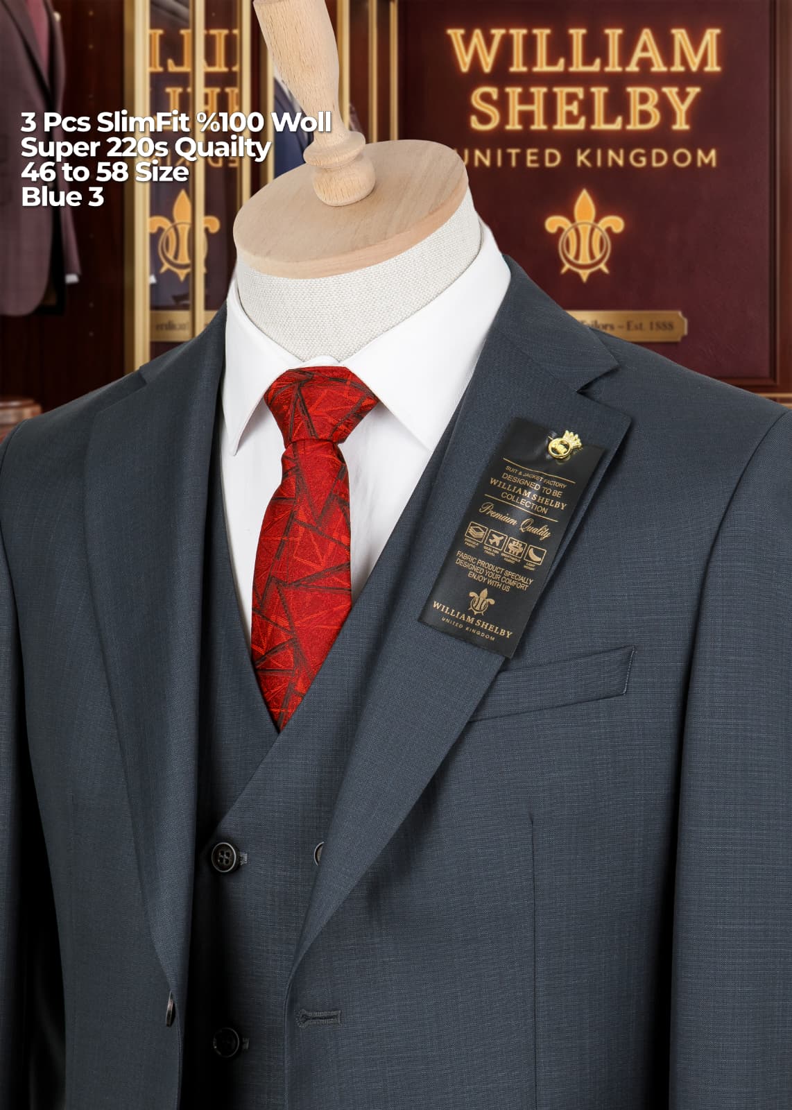 William Shelby 3-Piece Slim Fit Wool Suit