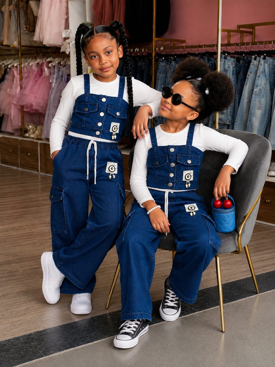 Girls' Denim Cropped Overall & Wide-Leg Jeans Set