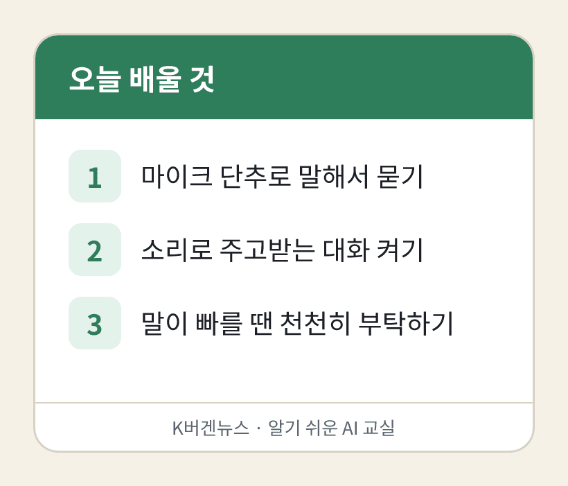 오늘 배울 것: 1. 마이크 단추로 말해서 묻기 2. 소리로 주고받는 대화 켜기 3. 말이 빠를 땐 천천히 부탁하기