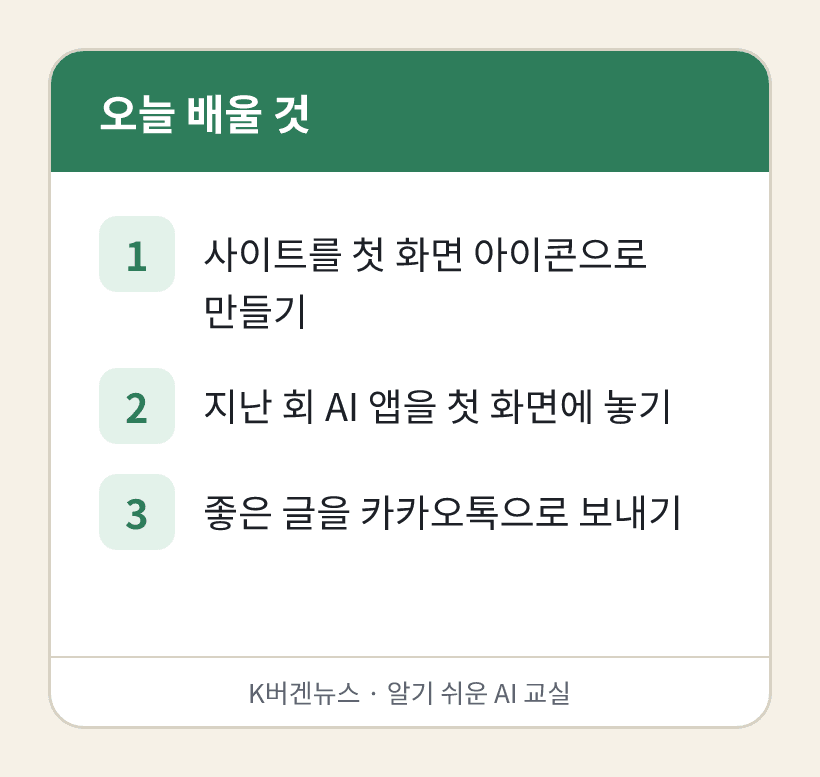 오늘 배울 것: 1. 사이트를 첫 화면 아이콘으로 만들기 2. 지난 회 AI 앱을 첫 화면에 놓기 3. 좋은 글을 카카오톡으로 보내기