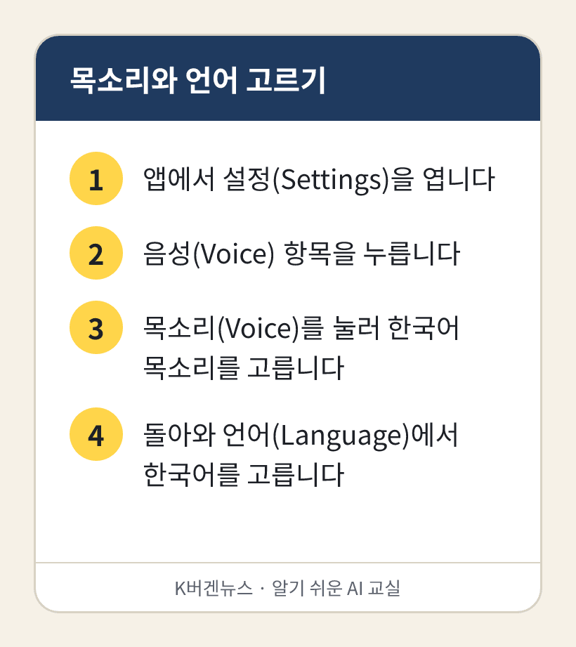 목소리와 언어 고르기: 1. 앱에서 설정(Settings)을 엽니다 2. 음성(Voice) 항목을 누릅니다 3. 목소리(Voice)를 눌러 한국어 목소리를 고릅니다 4. 돌아와 언어(Language)에서 한국어를 고릅니다