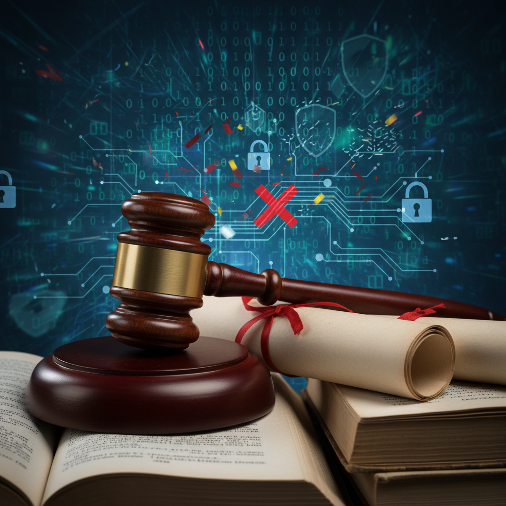 AI 생성 이미지 (gemini): A gavel resting on legal documents with a blurred digital background representing data privacy and c...