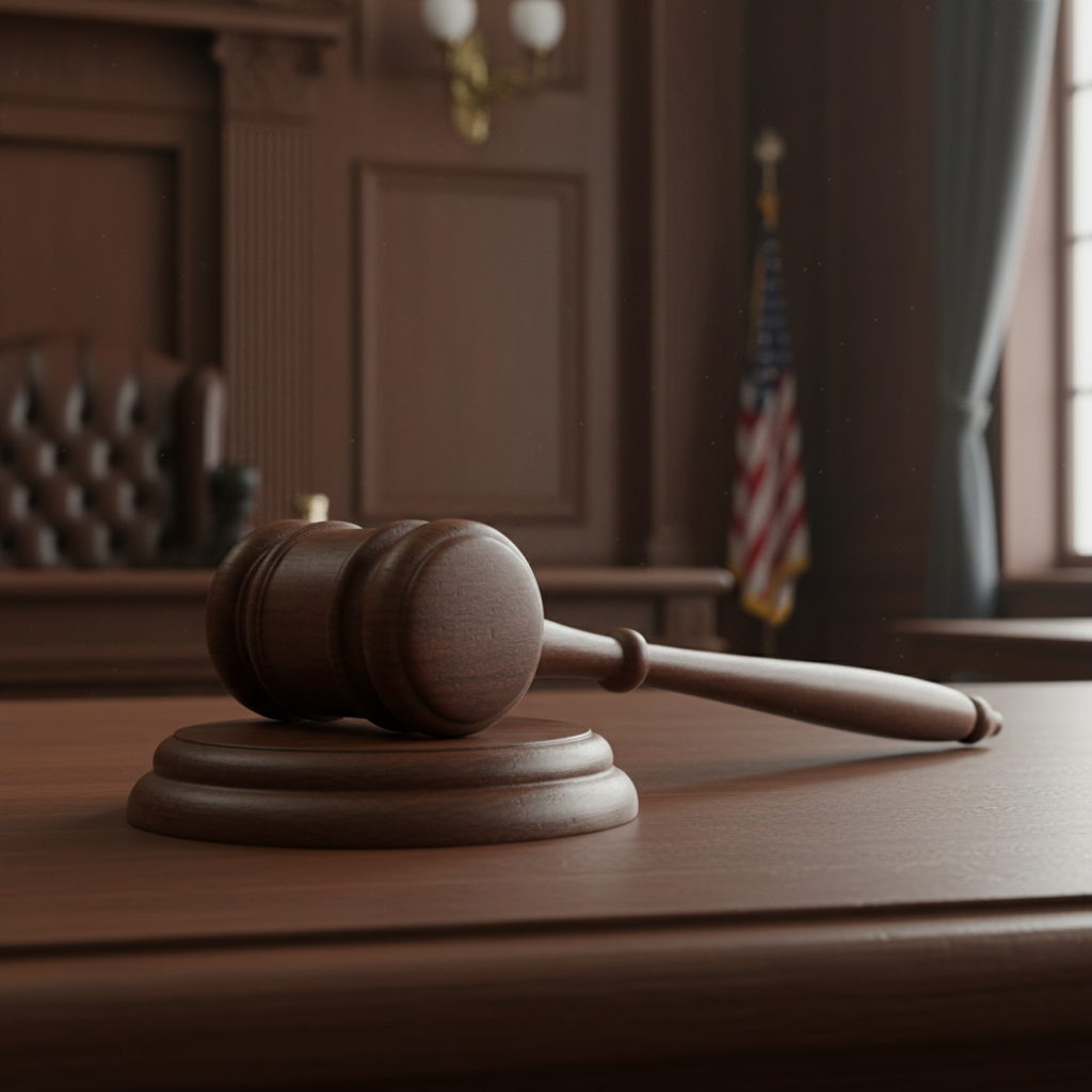 AI 생성 이미지 (gemini): A close-up photo of a wooden gavel resting on a judge's bench in a courtroom, with a blurred backgro...