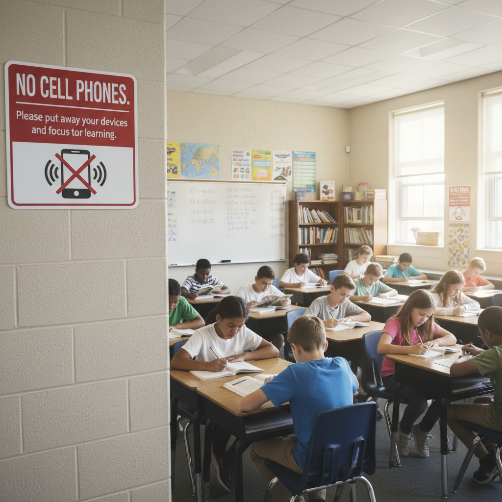 AI 생성 이미지 (gemini): A classroom setting in a public school with a focus on a 'No Cell Phones' sign on the wall, students...