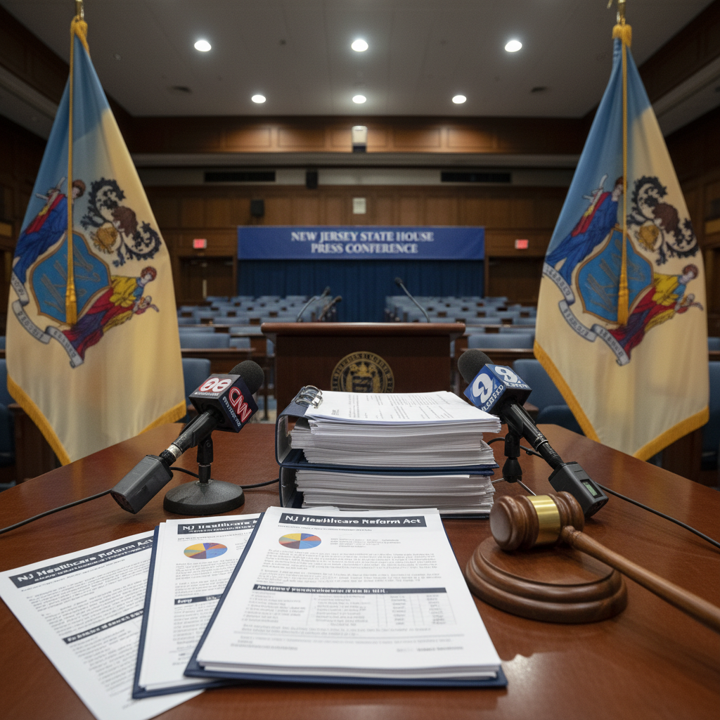 AI 생성 이미지 (gemini): A photo of a government press conference setting with New Jersey state flags, focused on healthcare ...