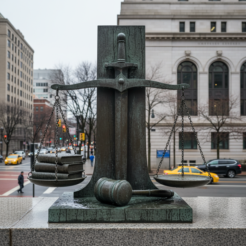 AI 생성 이미지 (gemini): A photojournalistic image of a federal courthouse exterior in Newark, New Jersey, with a focus on th...
