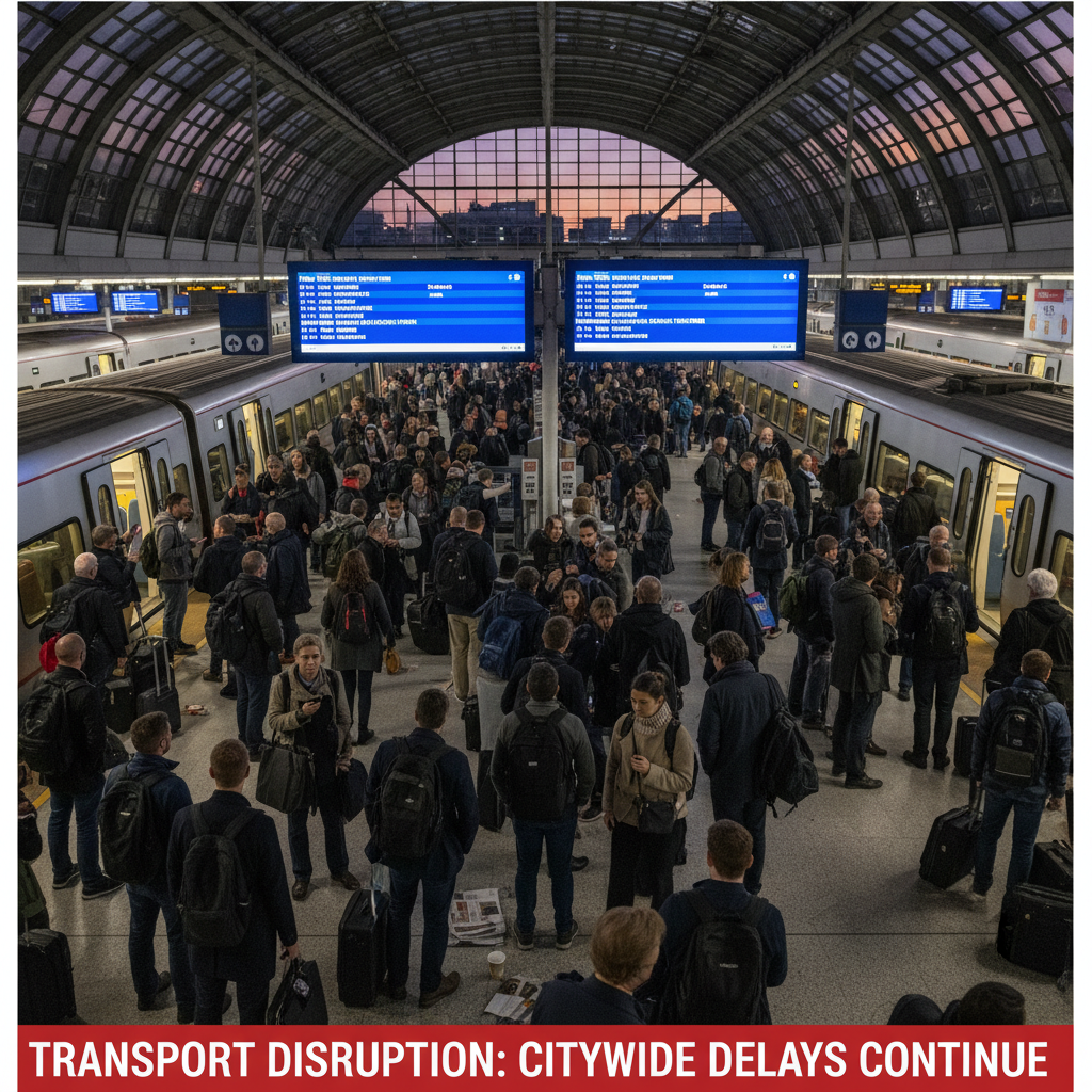 AI 생성 이미지 (gemini): A crowded train station platform during evening rush hour, commuters looking at departure boards wit...